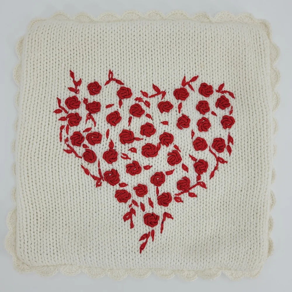Dakotah Home Knits Pillow Size 11x11 Heart of My Heart Rose Embroidery Scallop
